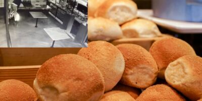 A bread bandit thief steals milk buns with a mask on