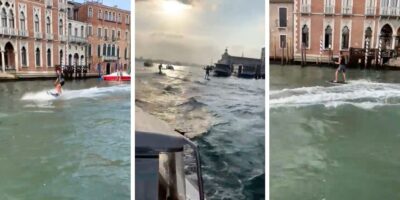 Australian tourist slammed for riding surfboard through Venice canal