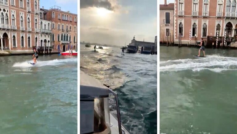 Australian tourist slammed for riding surfboard through Venice canal