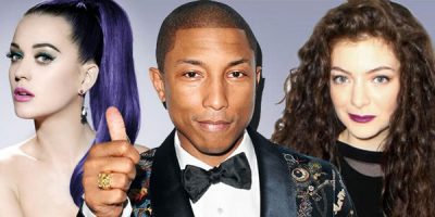 Katy Perry with purple hair, pharell williams in tux with thumbs up. Lorde in black top smiling at camera
