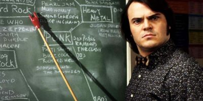 Jack Black looking at the camera in a black and white shirt standing in front of a black board