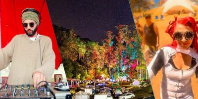 Man DJing, colourful trees and cars, lady with white top and red hair