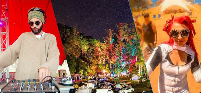 Man DJing, colourful trees and cars, lady with white top and red hair