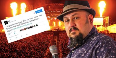 Crowed standing in front of stage insert of man wearing a hat holding a microphone and insert of a twitter post