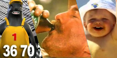 Cartoon seal wearing orange overalls, close up side view of man drinking beer, close up of baby wearing a white hat