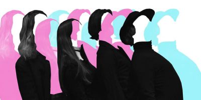 Blue, Pink and Black images of band Confidence Man with no faces