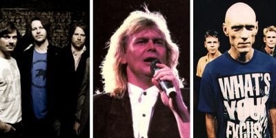 Aussie bands powder finger standing together looking at the camera. John Farnham sining into a microphone. Midnight Oil standing together looking at the camera