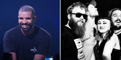 one photo of drake smiling wearing a black t-shirt, one black and white photo of 3 men standing with a lady
