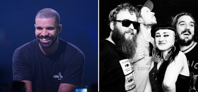 one photo of drake smiling wearing a black t-shirt, one black and white photo of 3 men standing with a lady