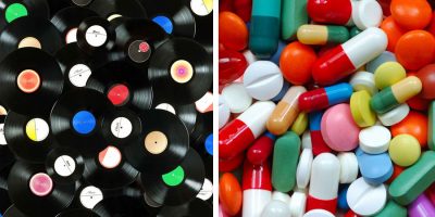 Image of vinyl music records and pharmaceutical pills