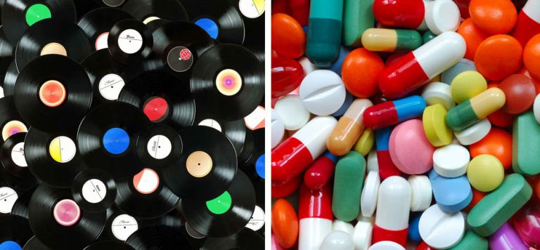 Image of vinyl music records and pharmaceutical pills