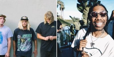 one photo of skeggs standing infant of a wall and another photos of a man close to the camera with sunglasses on