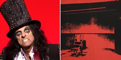 2 panel image of Alice Cooper and Andy Warhol's 'Little Electric Chair'