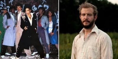 2 panel image of Prince & The Revolution and Justin Vernon of Bon Iver