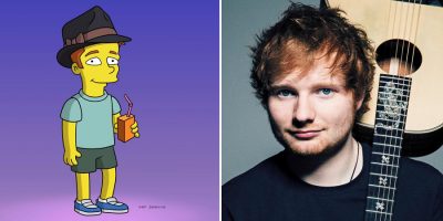 2 panel image of Ed Sheeran's upcoming 'The Simpsons' character, and the singer himself
