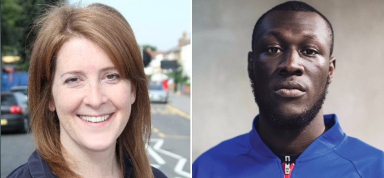 2 panel image of British MP Sarah Jones and Grime musician Stormzy