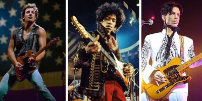 3 panel image featuring Bruce Springsteen, Jimi Hendrix, and Prince