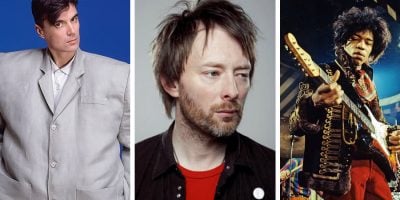 3 panel image featuring David Byrne, Thom Yorke, and Jimi Hendrix instruments