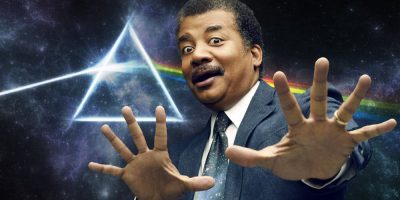 Neil deGrasse Tyson with Pink Floyd's album artwork