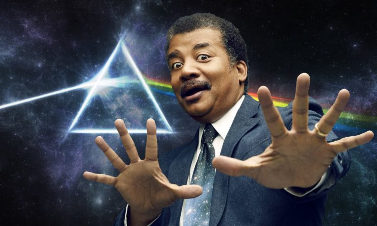 Neil deGrasse Tyson with Pink Floyd's album artwork