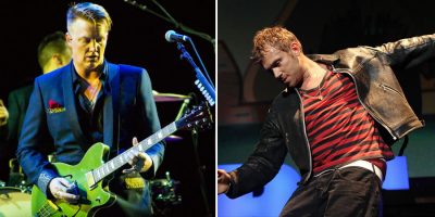 2 panel image featuring Josh Homme of Queens Of The Stone Age, and Damon Albarn of Gorillaz