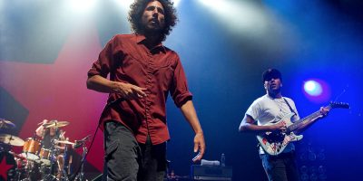 Members of alternative-metal band Rage Against The Machine performing live