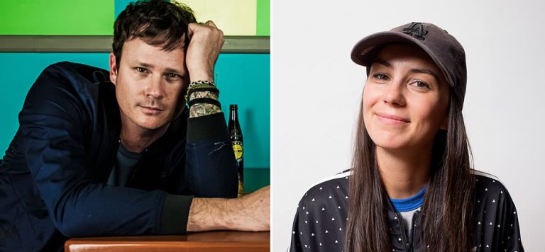 2 panel image of Tom DeLonge and Amy Shark