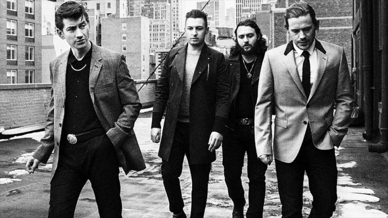 Black and white image of English rock group Arctic Monkeys