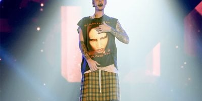 Justin Bieber, wearing one of his repurposed Marilyn Manson shirts.