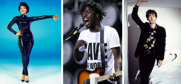 hidden 3 panel image of Janelle Monaé, Bloc Party's Kele Okereke, and Pulp's Jarvis Cocker