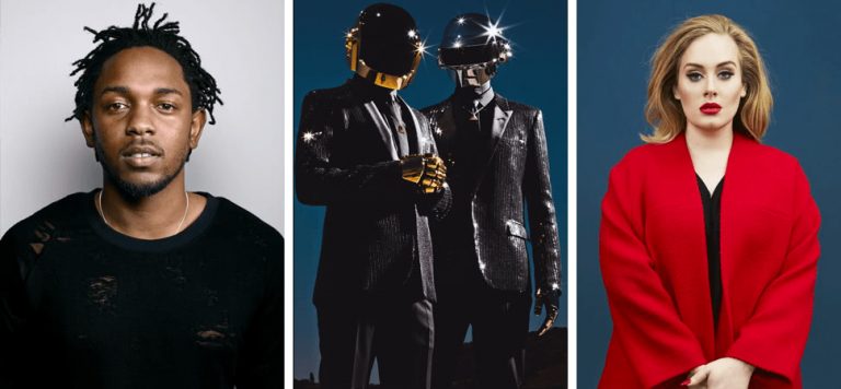 mash 3 panel image featuring Kendrick Lamar, Daft Punk, and Adele