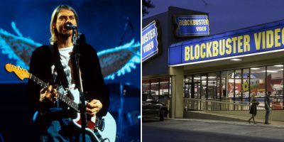 Nirvana's Kurt Cobain and an image of a Blockbuster Video store