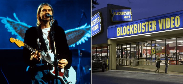 Nirvana's Kurt Cobain and an image of a Blockbuster Video store