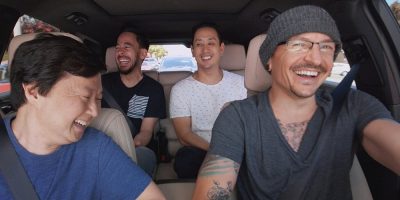 Chester Bennington and Linkin park laugh with ken Jeong on Carpool Karaoke