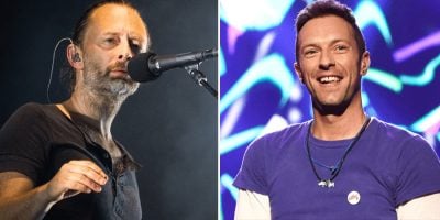 2 panel image featuring Radiohead's Thom Yorke and Coldplay's Chris Martin