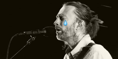 Thom Yorke of Radiohead shedding a Photoshopped tear