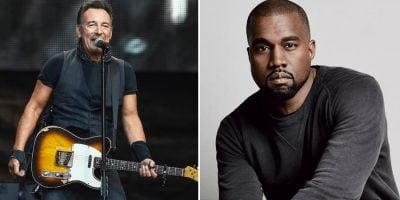 2 panel image featuring Bruce Springsteen and Kanye West