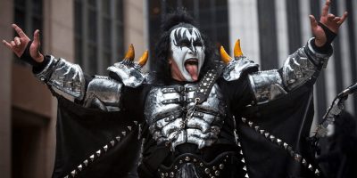 Kiss bassist Gene Simmons shown in full on-stage makeup.