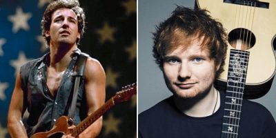 Bruce Springsteen and Ed Sheeran, both pictured holding guitars.