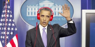 A photoshopped image of former US President Barack Obama wearing headphones.