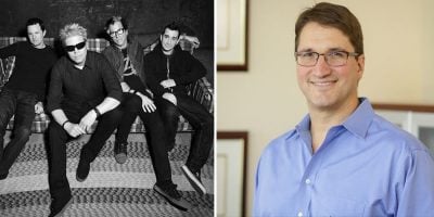 2 panel image of punk band The Offspring, and former member-turned-doctor, James Lilja