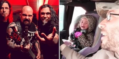 2 panel image of Slayer, and a screenshot from the video of a father telling his daughter she can't see Slayer live.