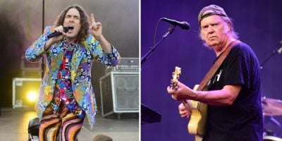 2 panel image of "Weird Al" Yankovic and Neil Young