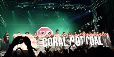 Image of the Adani protest that occurred at Bluesfest on Sunday