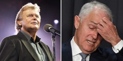 2 panel image of John Farnham and Prime Minister Malcolm Turnbull
