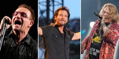 3 panel image of U2's Bono, Pearl Jam's Eddie Vedder, and Guns N' Roses' Axl Rose