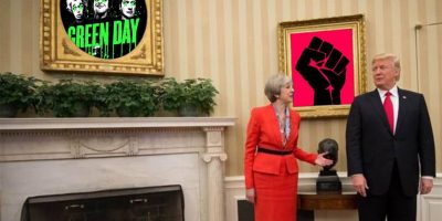 A doctored image of American President Donald Trump and British PM Theresa May