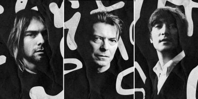 3 panel image of Kurt Cobain, David Bowie, and John Lennon, whose handwriting is now available as fonts