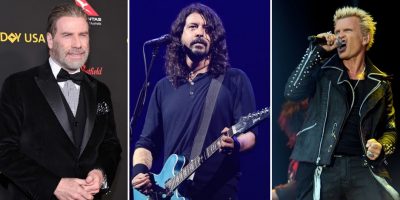 3 panel image of John Travolta, the Foo Fighters' Dave Grohl, and Billy Idol.