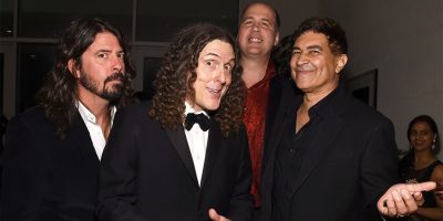 "Weird Al" Yankovic pictured with Dave Grohl and Pat Smear of the Foo Fighters, and Nirvana's Krist Novoselic